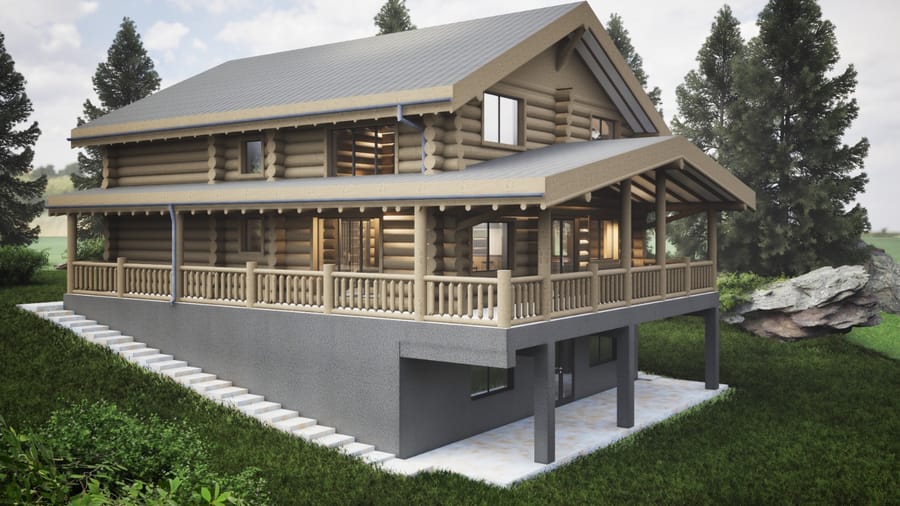 Casa Bucovina — fațada principală cu terasa acoperită și balustrada din lemn rotund