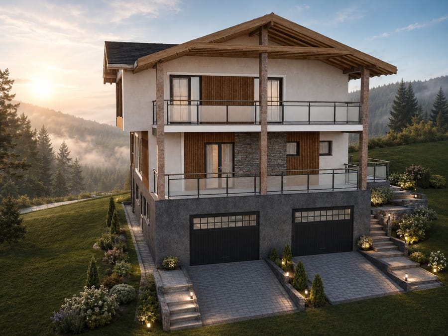 Casa Călimani — terasele suprapuse susținute de stâlpi din lemn masiv