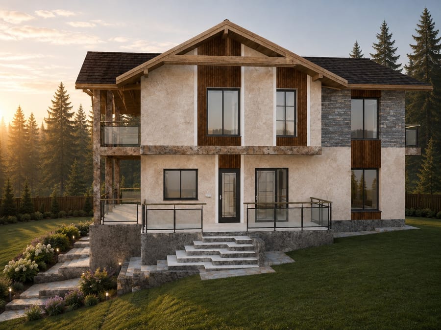 Casa Călimani — demisolul cu două garaje și placajul din piatră naturală
