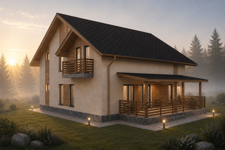 Casa Colacu — placajul orizontal din lemn de la parter și balconul mansardei