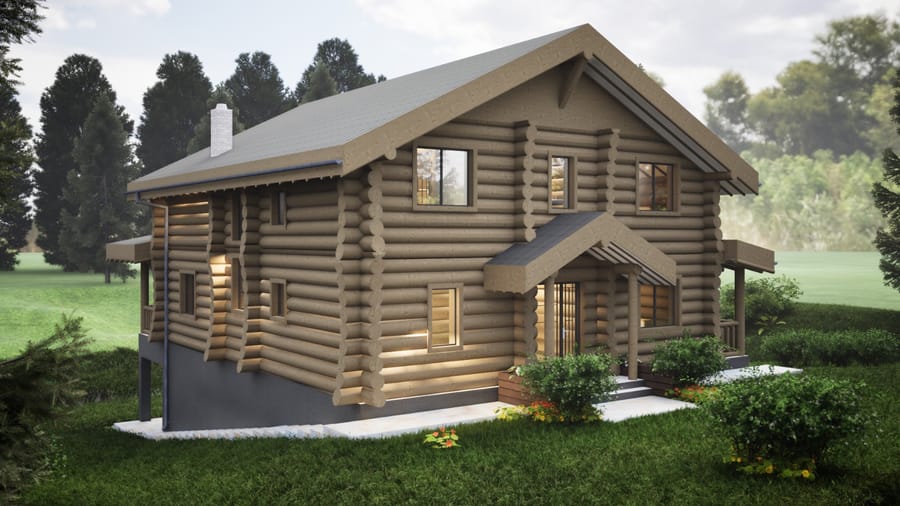 Casa Dorna — porticul de intrare în două ape și fațada din bușteni
