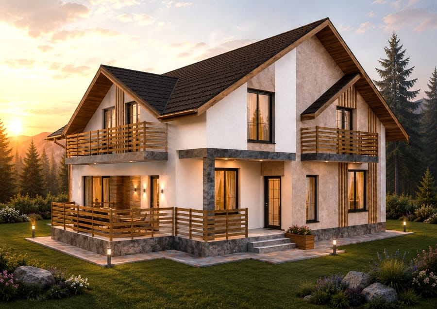 Casa Rarău — Vilă P+M cu două frontoane simetrice — Panaci