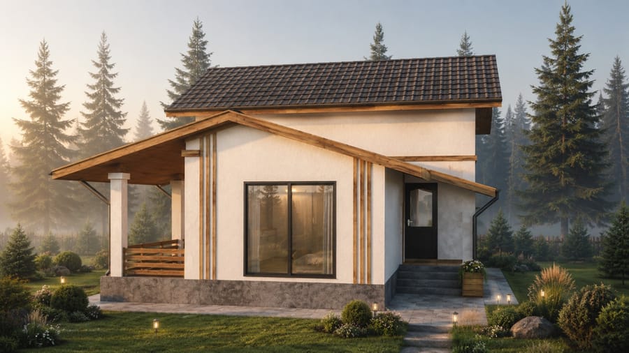 Casa Zugreni — fațada principală cu terasa acoperită și stâlpii din lemn