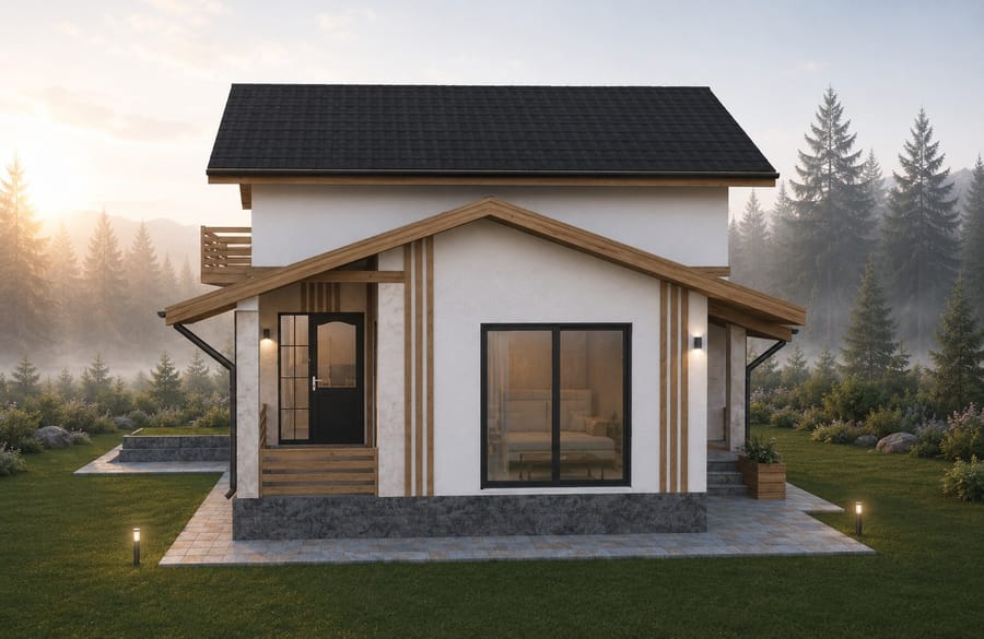 Casa Zugreni — balconul din lemn de la mansardă și învelitoarea neagră