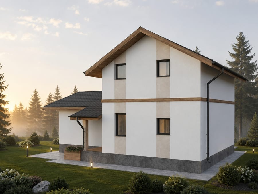 Casa Zugreni — vedere laterală cu accentele verticale din lemn